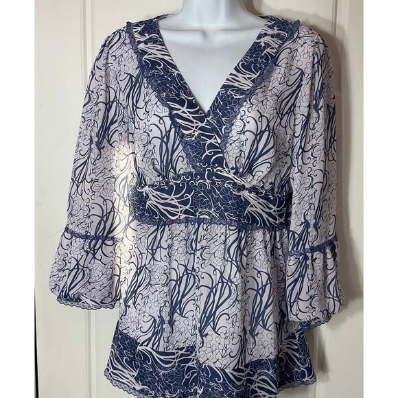 Madison Studio Blue & White Boho/Peasant/Cottage Tunic 6 - Picture 2 of 6